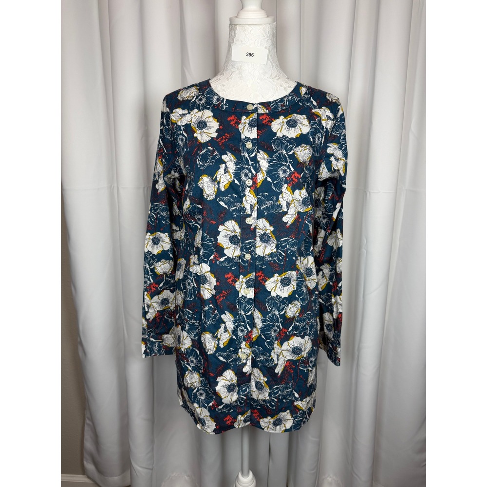 Duluth Trading Co Womens XS Teal Blue Floral Button Down Tunic Shirt Pockets